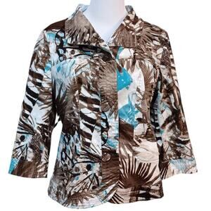CHICO'S 2 Light Jacket Cute Buttons 12 LG Office Travel Leaves Animal Turquoise‎